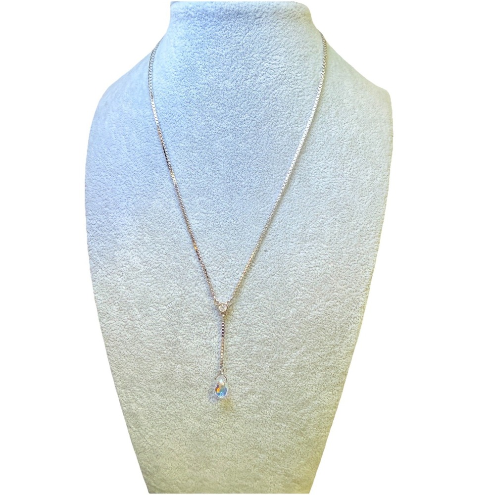 Swarovski Swan Signed Silver Tone AB Crystal Y Teardrop Lariat Necklace - Picture 2 of 16